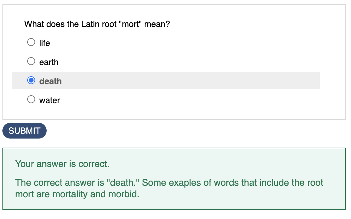 sample multiple choice question that is correct with feedback