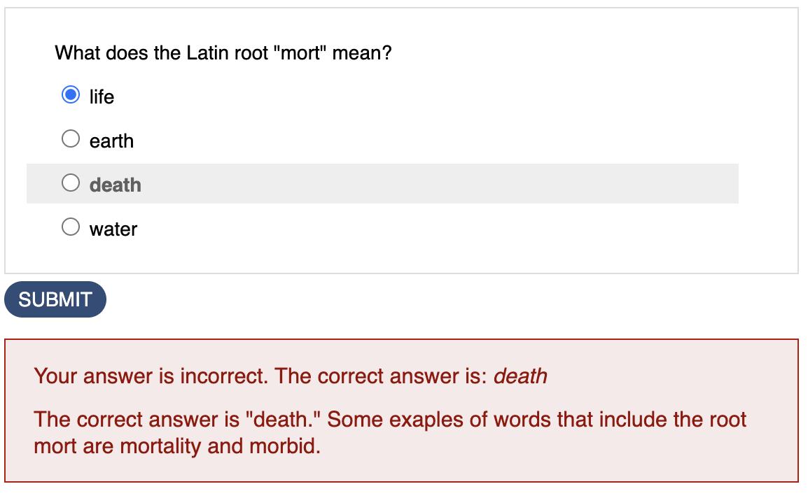 sample multiple choice question that is incorrect with feedback