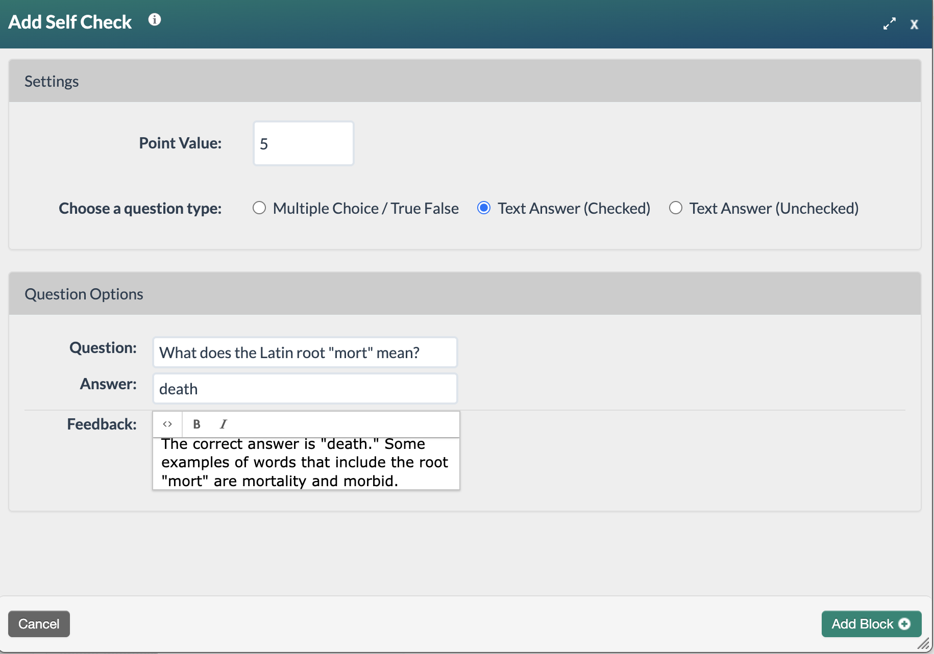 screenshot of a sample text answer checked question about Latin Roots