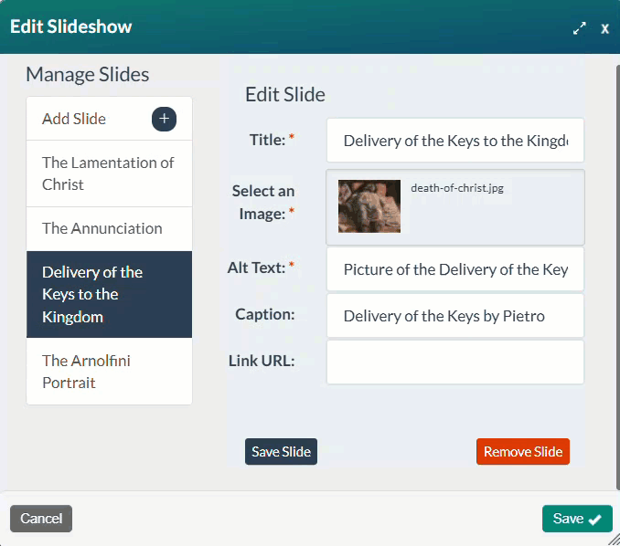 GIF that shows editing a text field in the Slideshow form