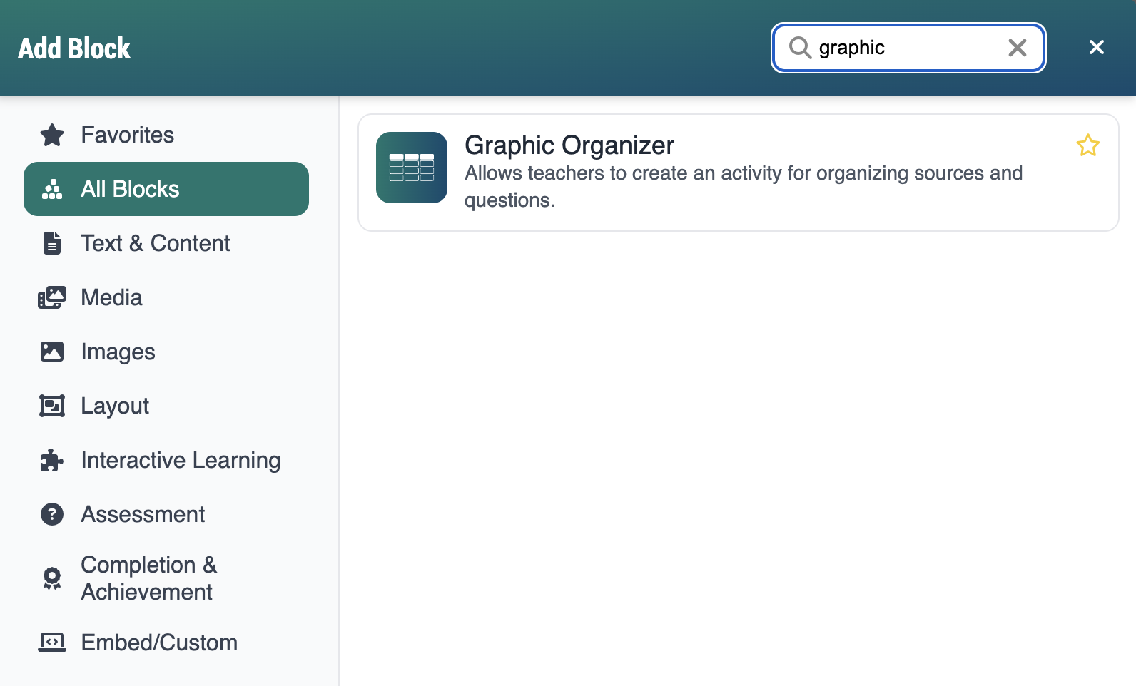 Screenshot of Add Block modal, displaying the graphic organizer block