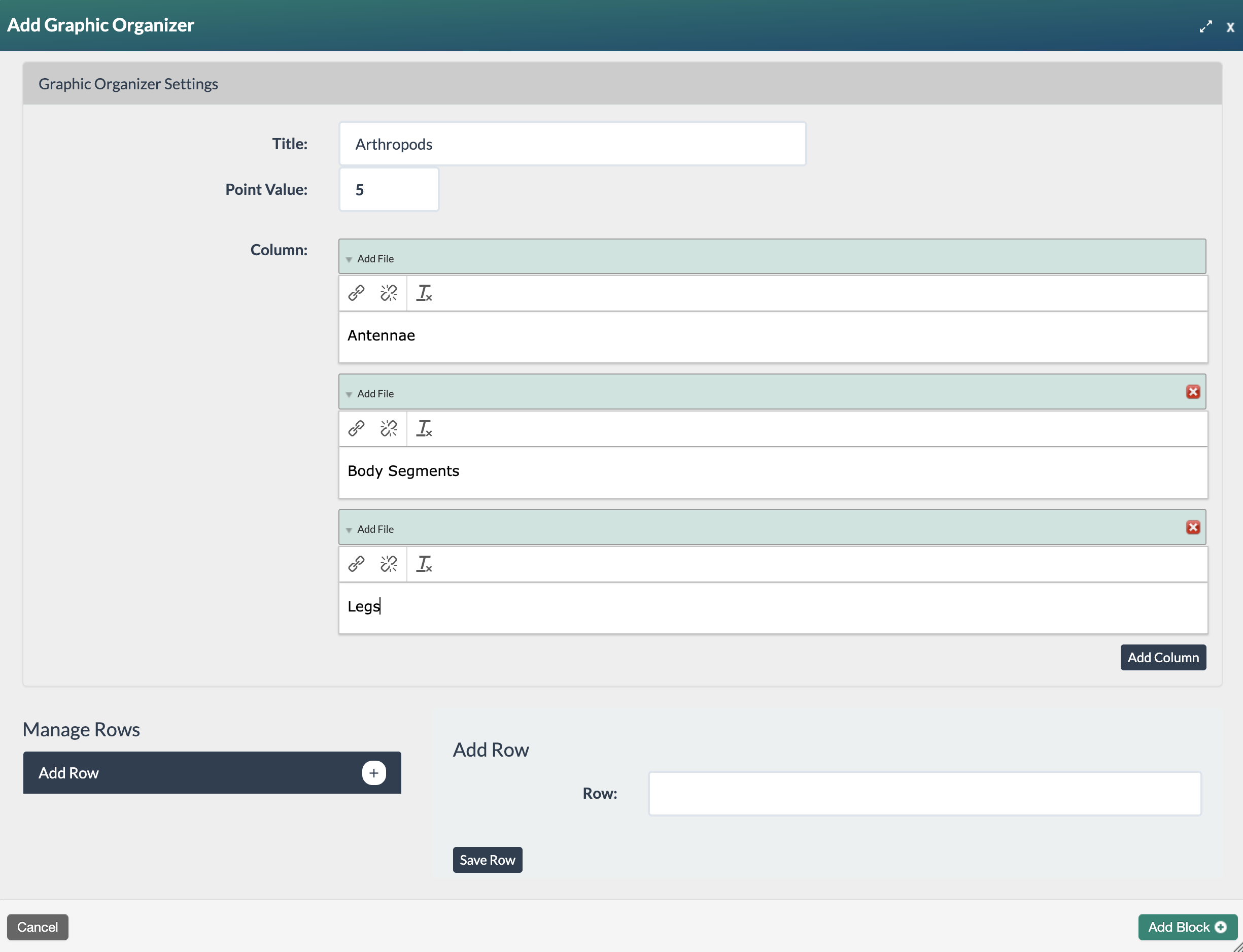 screenshot of a completed graphic organizer settings with title, points, and column headers