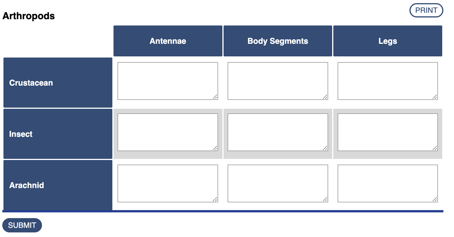 screenshot of a published graphic organizer on arthropods