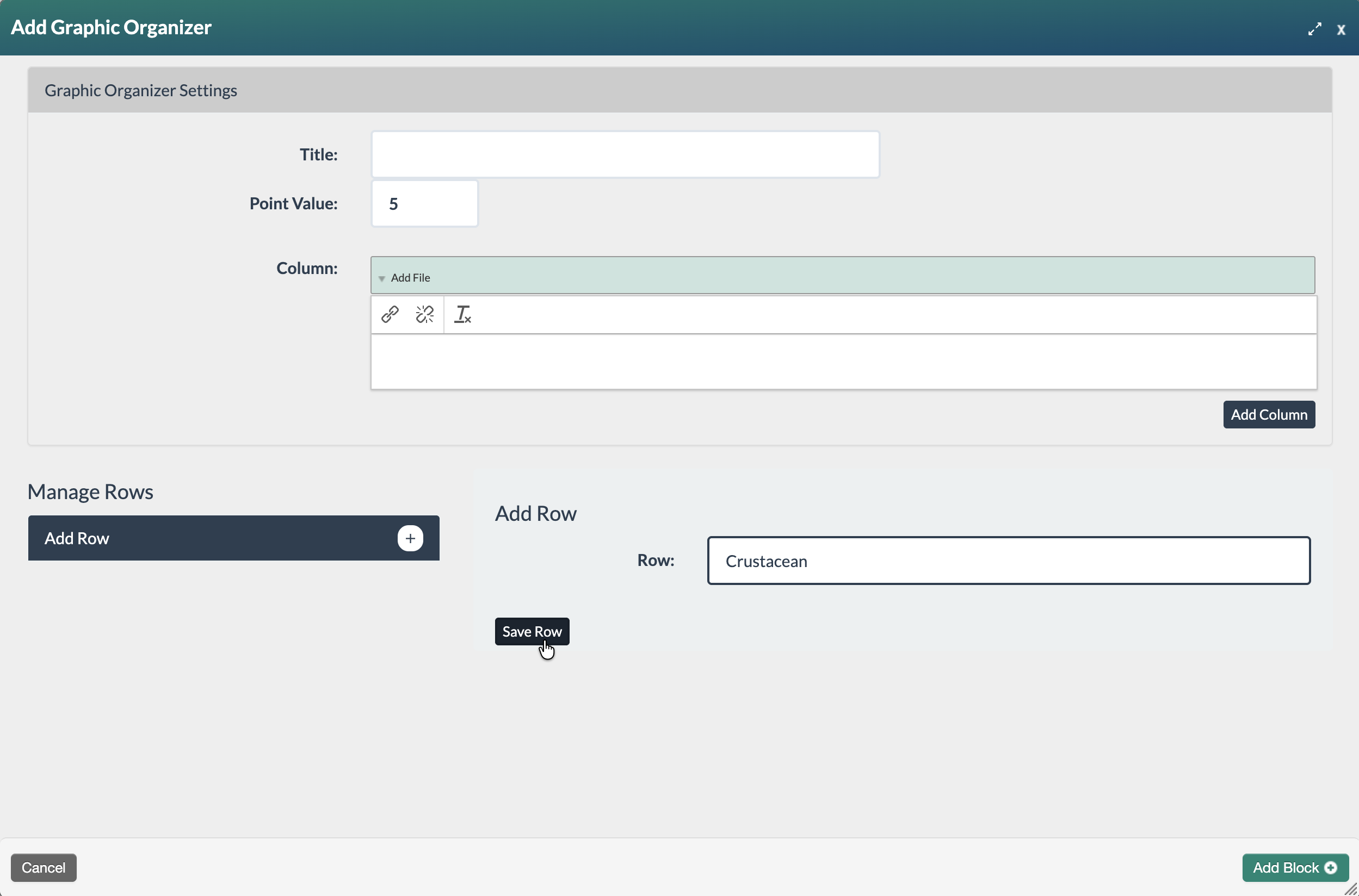 screenshot of a row field being entered