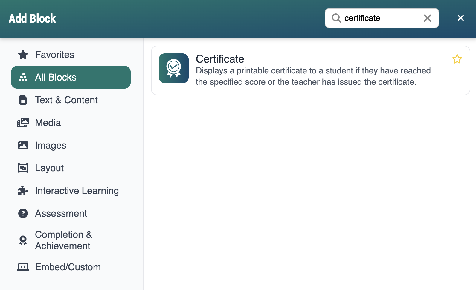 Screenshot of Add Block modal, displaying the certificate block