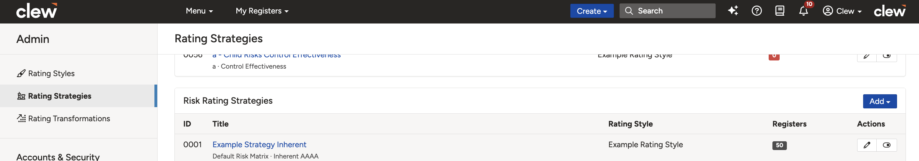 The Rating Strategies screen where a matrix is linked to a project and custom type.