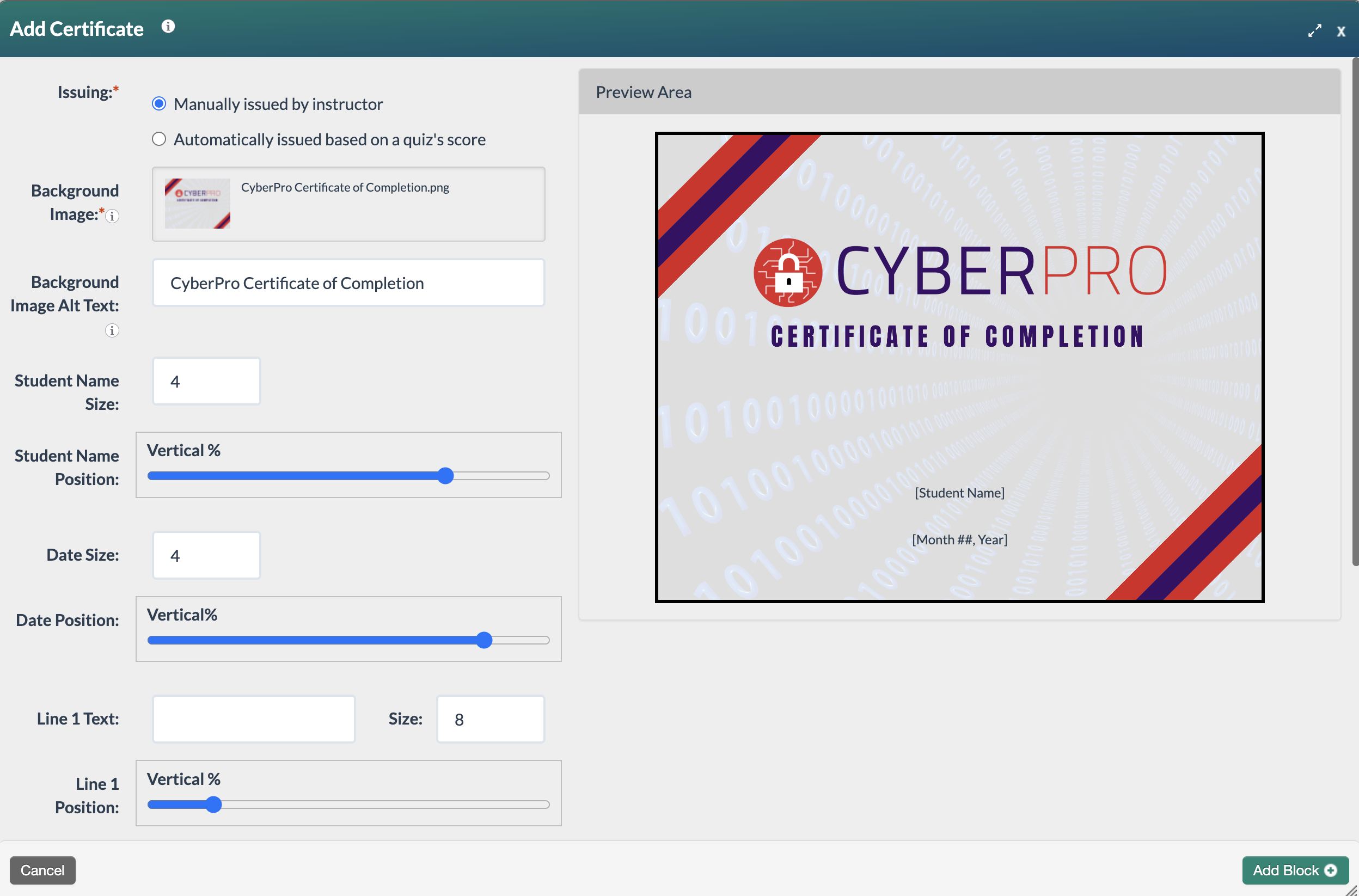 screenshot of a certificate block with the background image cyberpro uploaded