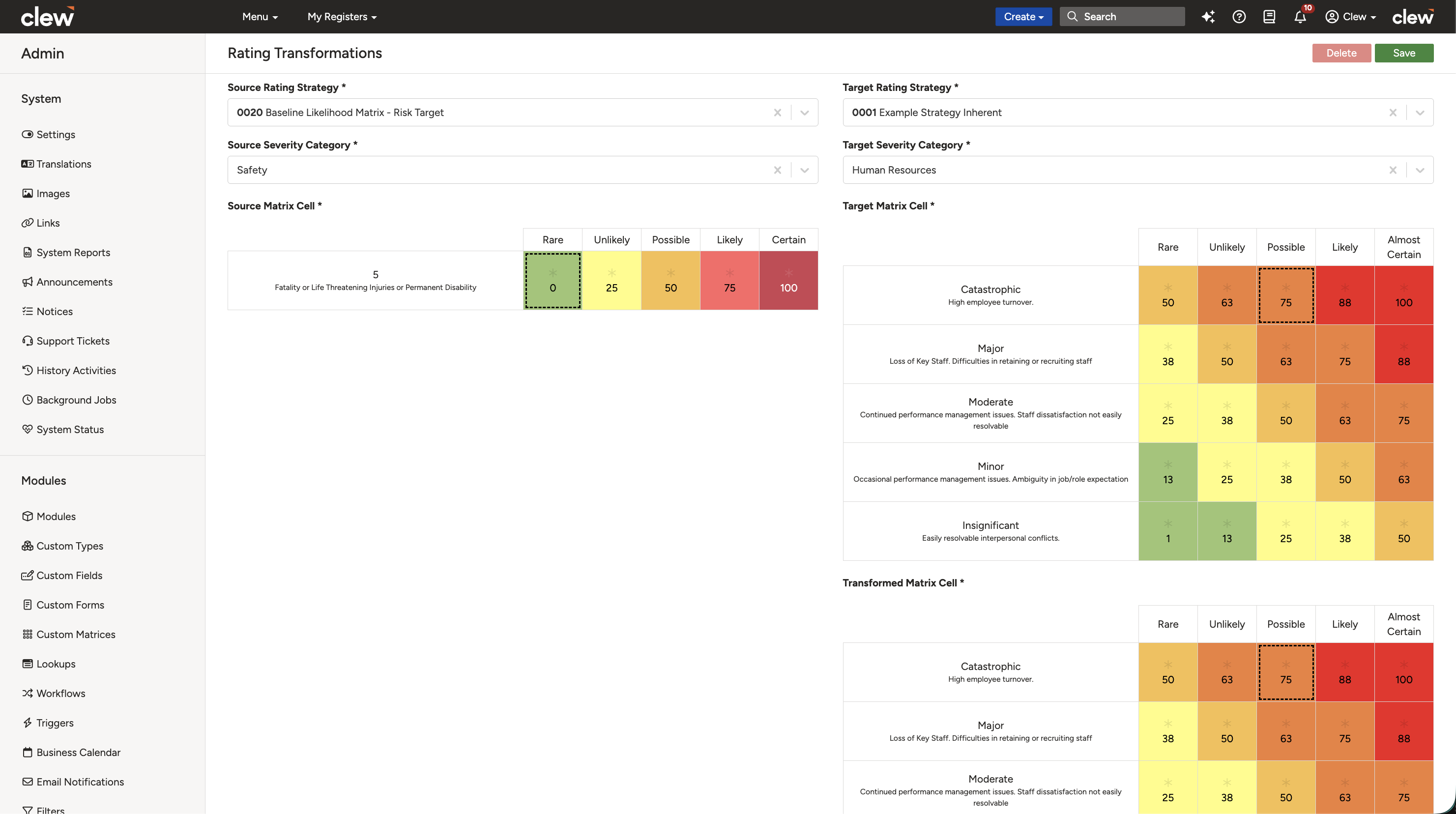 The rating transformation grid with a source cell, target cell, and transformed cell selected, each outlined with a dotted line.