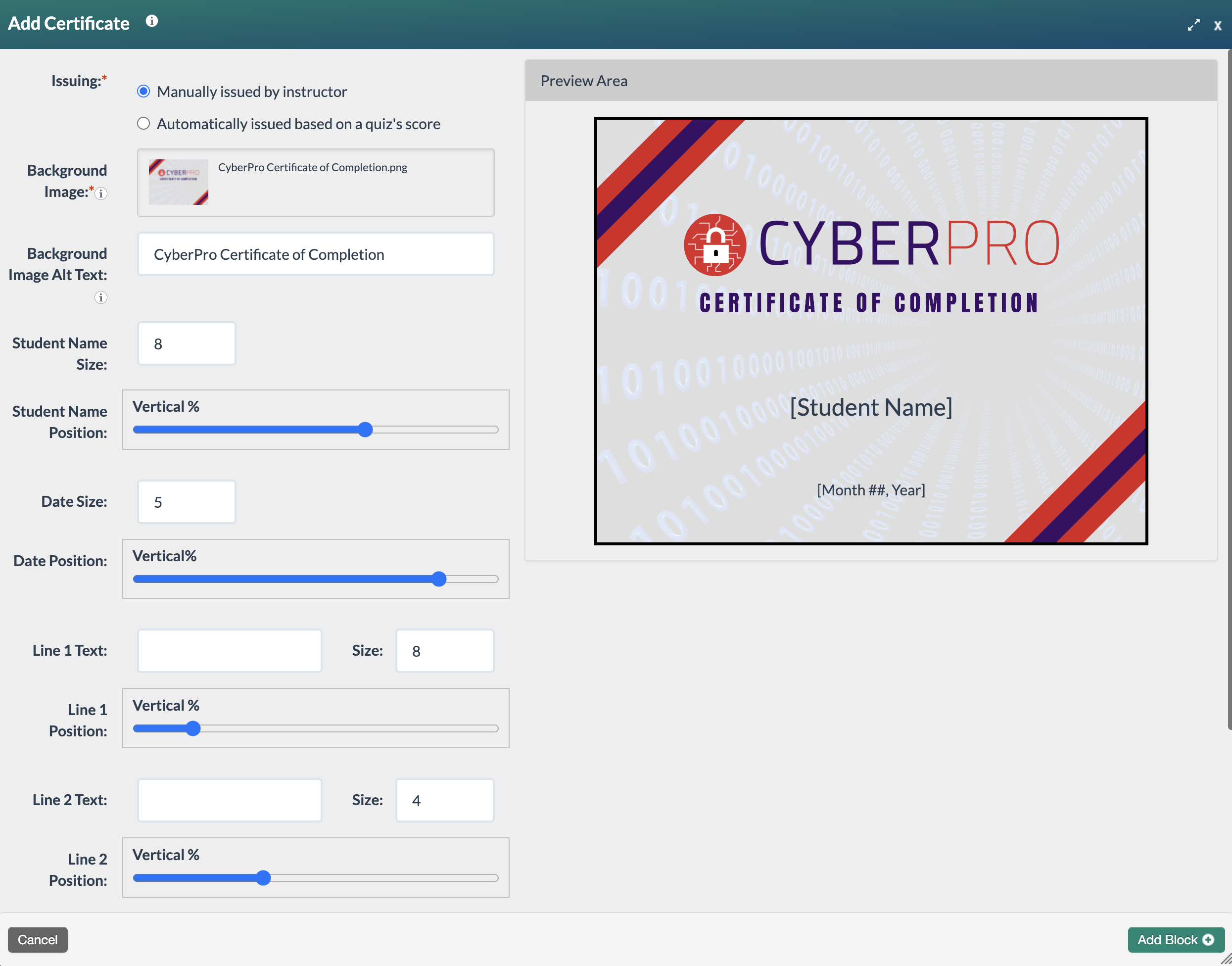 screenshot of a draft certificate block form with the text size increased for Student Name