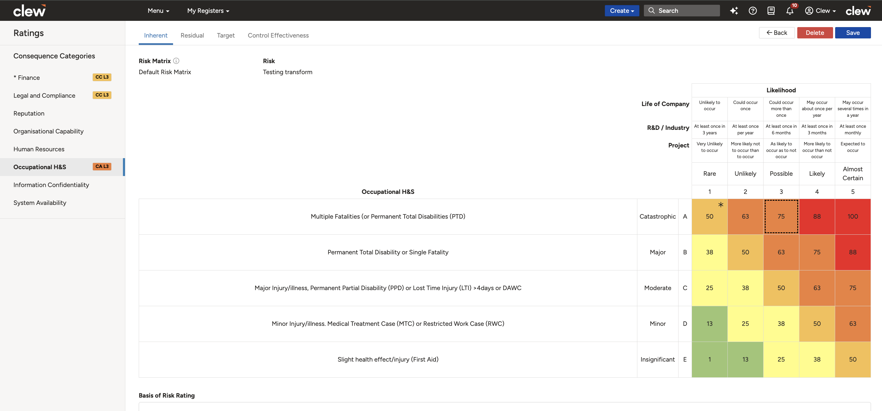 A risk rating page showing an asterisk on the transformed cell after the ALARP and Inherent ratings are saved.