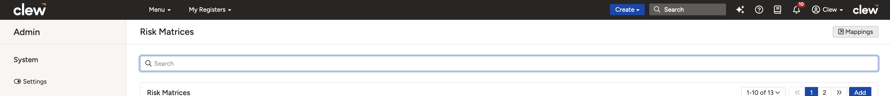 The Mappings screen where the source and target risk matrices are selected.