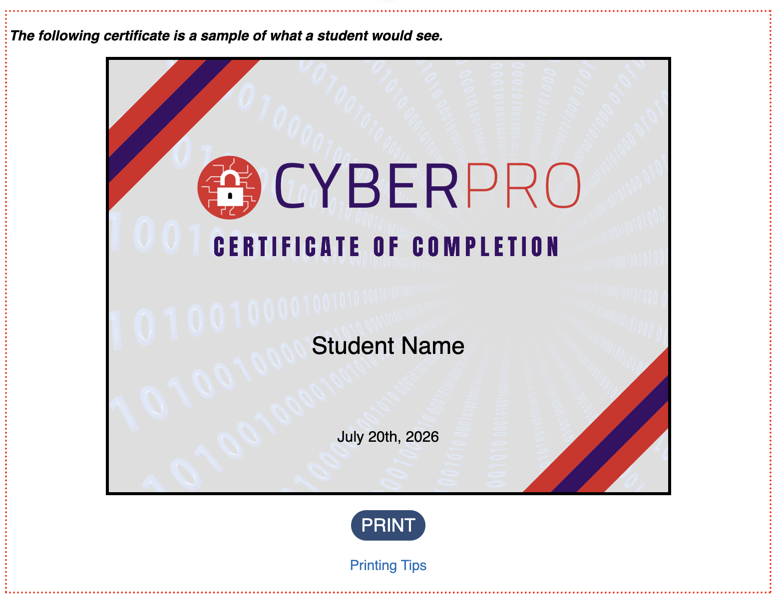 screenshot of a cyberpro certificate in edit mode