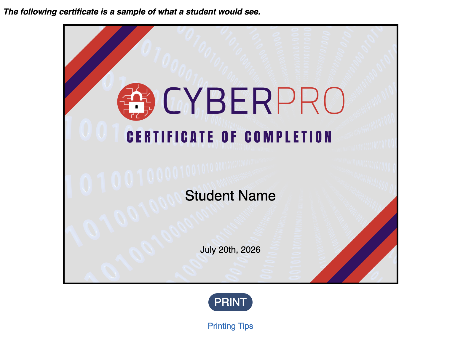 screenshot of a cyberpro certificate in published mode