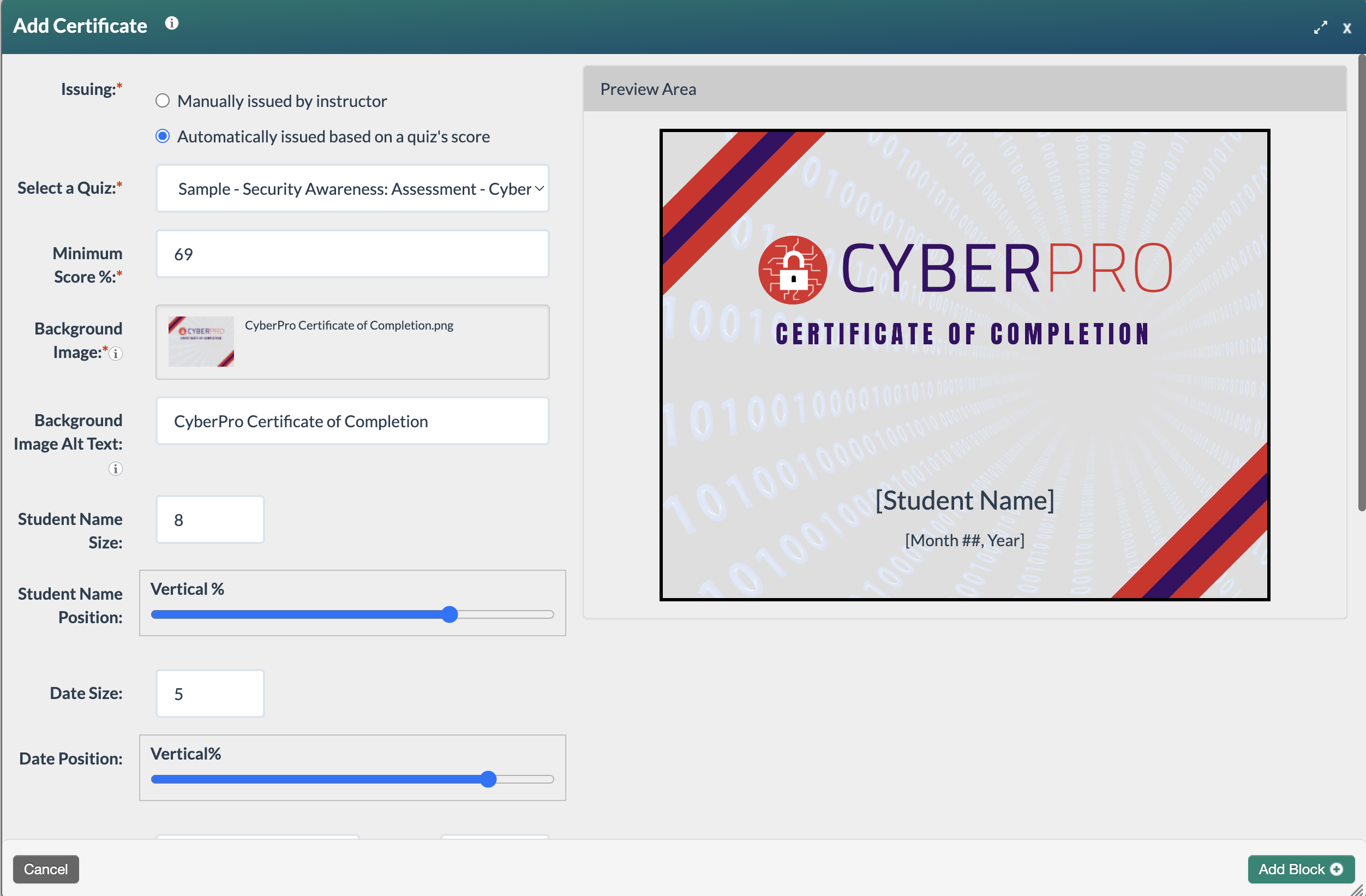 screenshot of a certificate block with the background image cyberpro uploaded and issuing it automatically