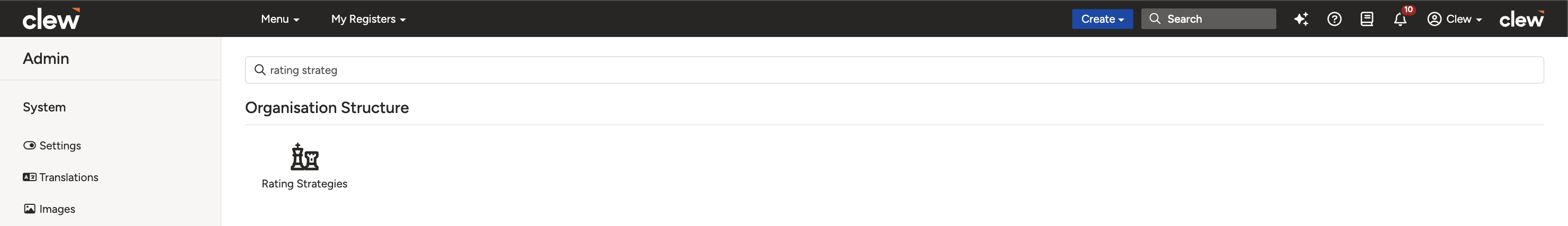 The Admin menu with Rating Strategies selected.