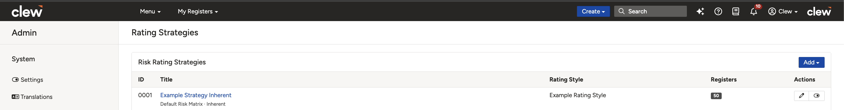 The Rating Strategies page showing the Risk Rating Strategies section.
