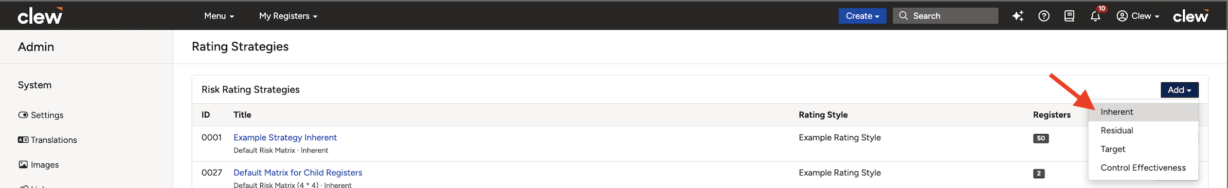 The Add button and the dropdown for selecting a rating type such as Inherent.