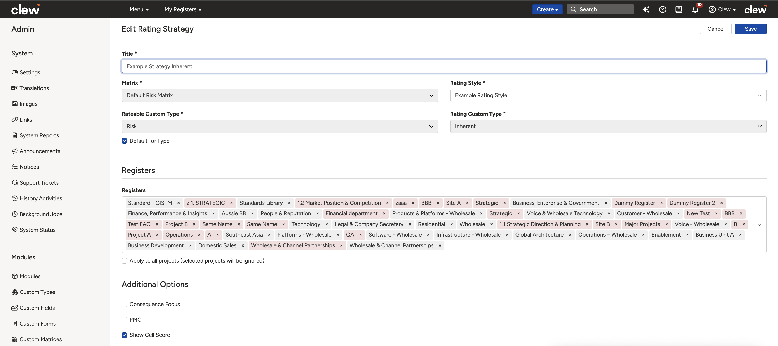 The Add Rating Strategy form showing the title, matrix, rating style, custom type, default, projects, and severity focus fields.
