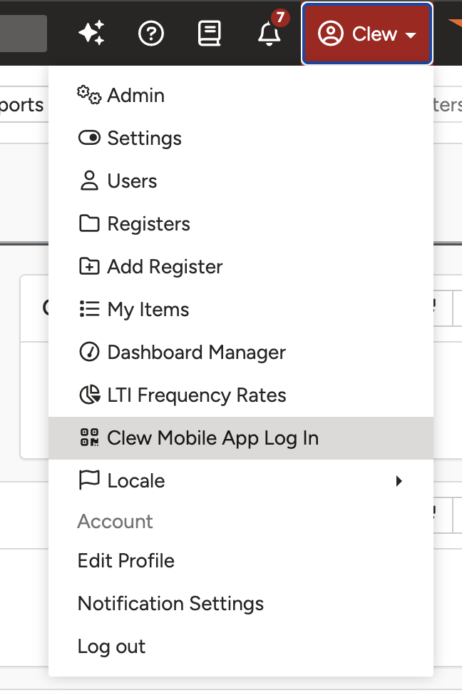 The user menu in the top-right of the web application with the Clew Mobile App Log In option.