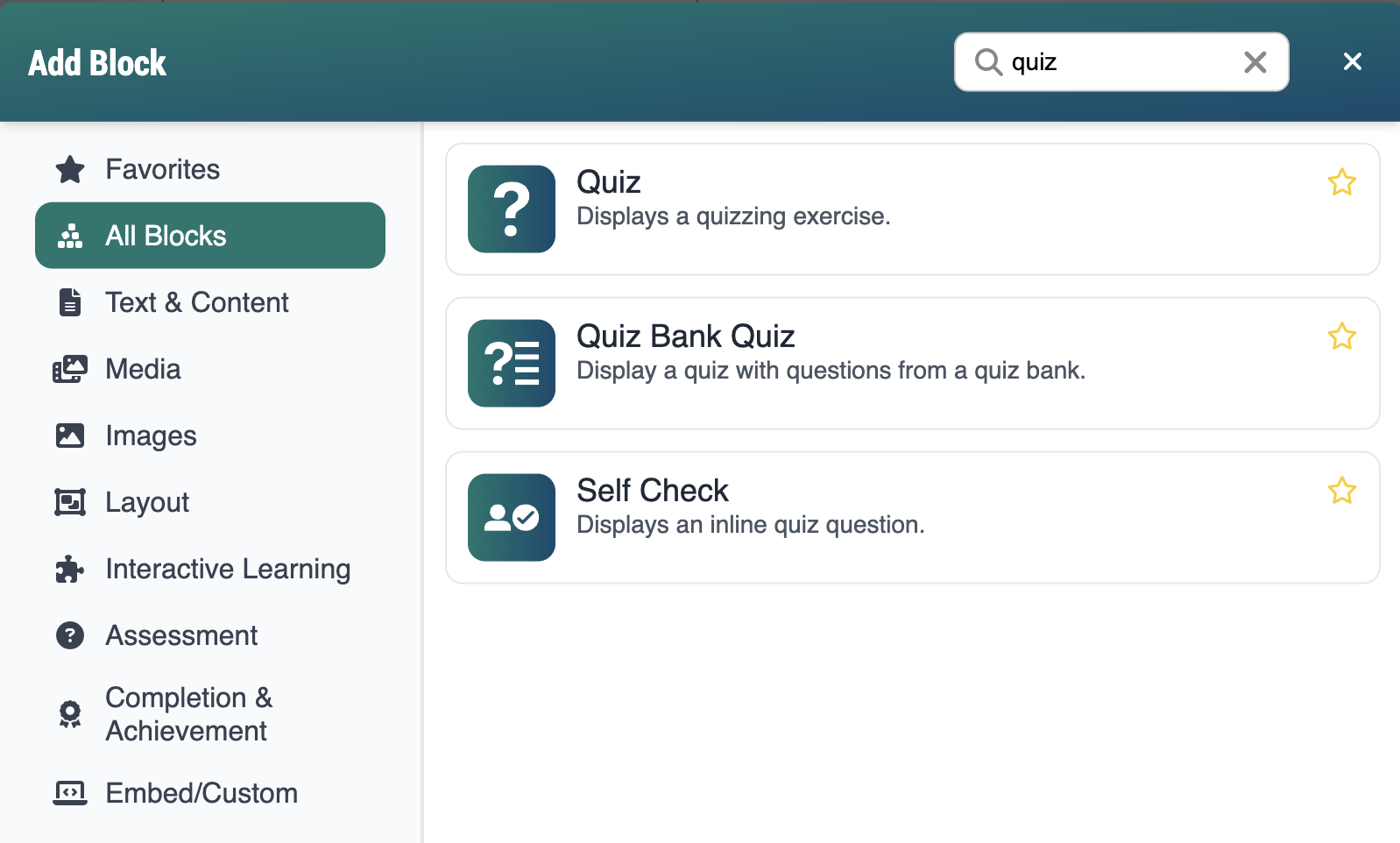 Screenshot of Add Block modal, displaying the quiz bank quiz block