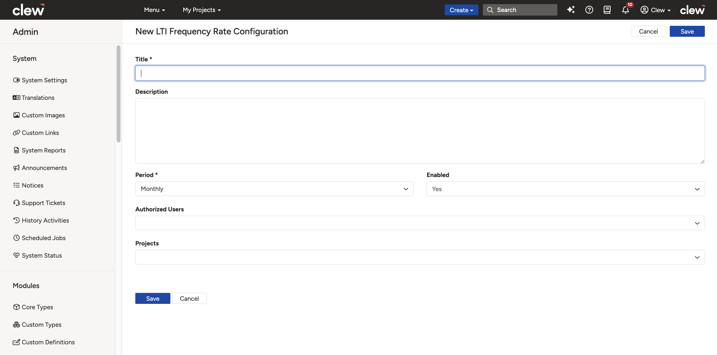 The LTI Frequency Rate configuration form under Admin, showing the Title, Period, Authorised Users, Registers, and Enabled fields.