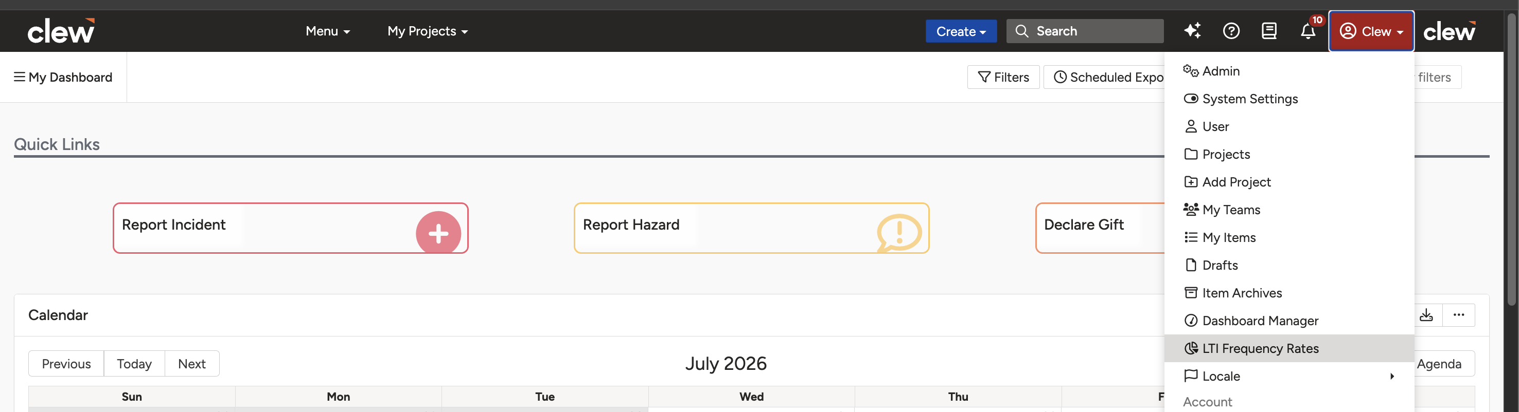 Opening LTI Frequency Rates from the user menu by clicking your name in Clew.