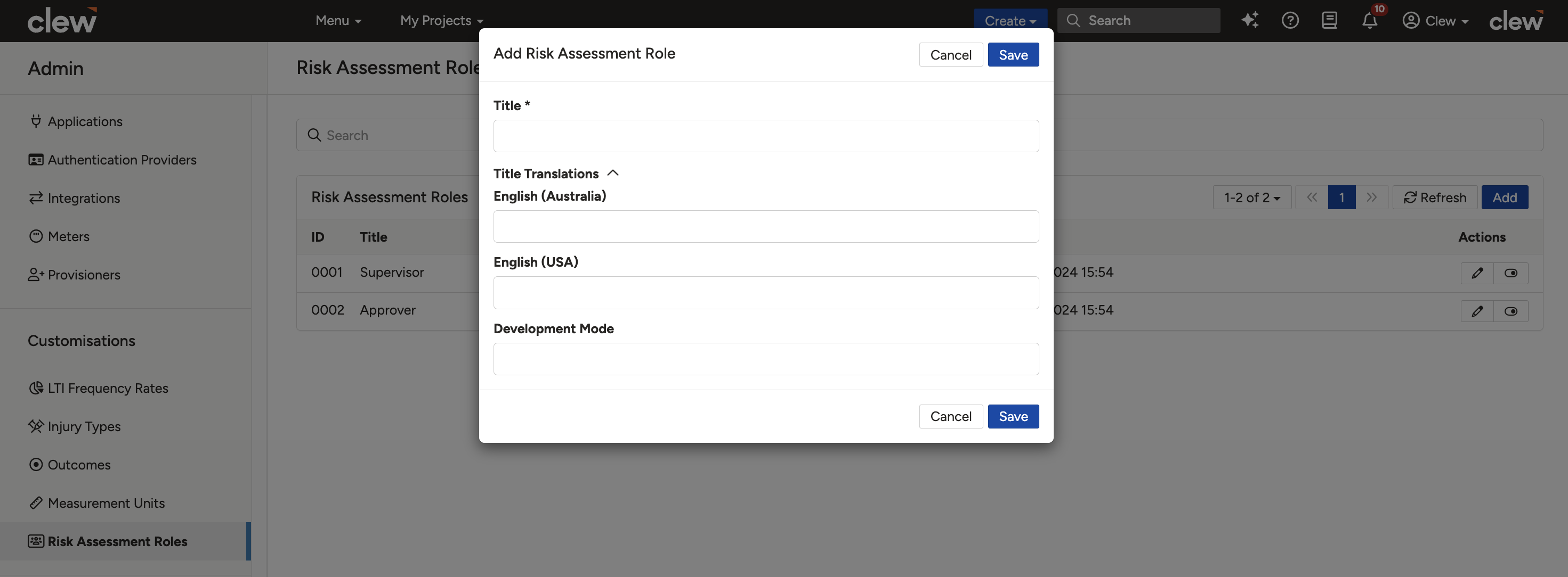 Creating a risk assessment role in Clew by entering a title, with a title field shown for each enabled language.