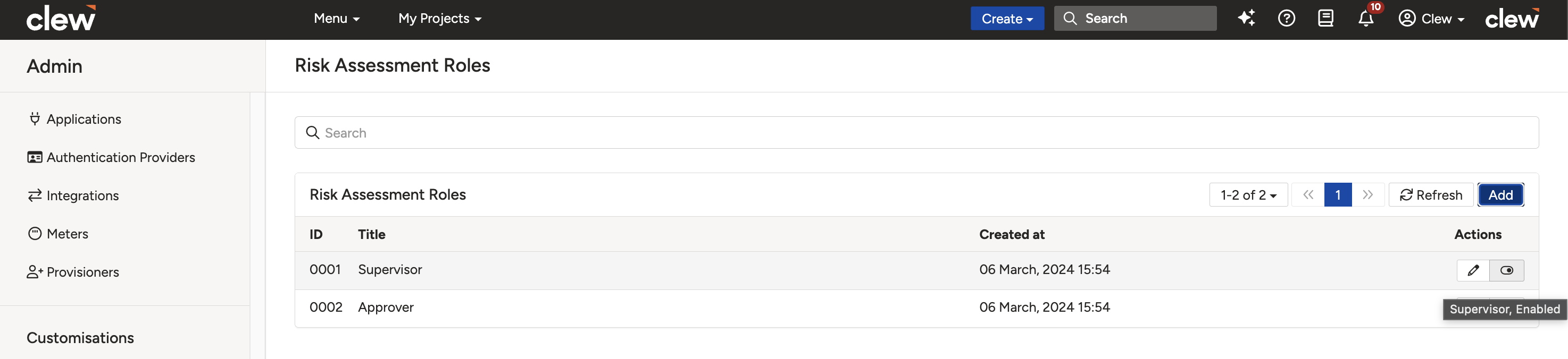 The risk assessment roles list in Clew, showing the toggle to enable or disable a role and the option to edit it.