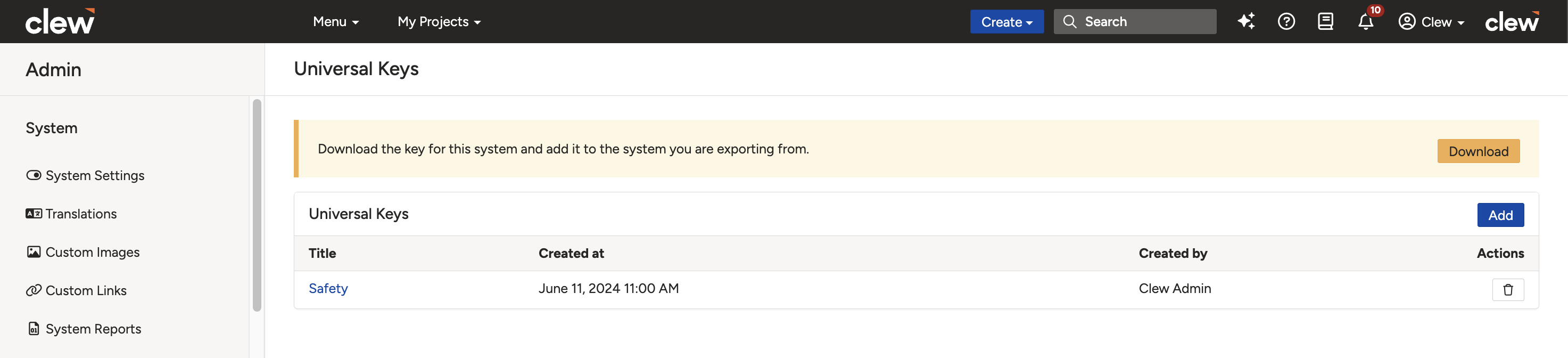 The Universal Keys admin page in Clew, showing the list of keys and the download and add buttons.