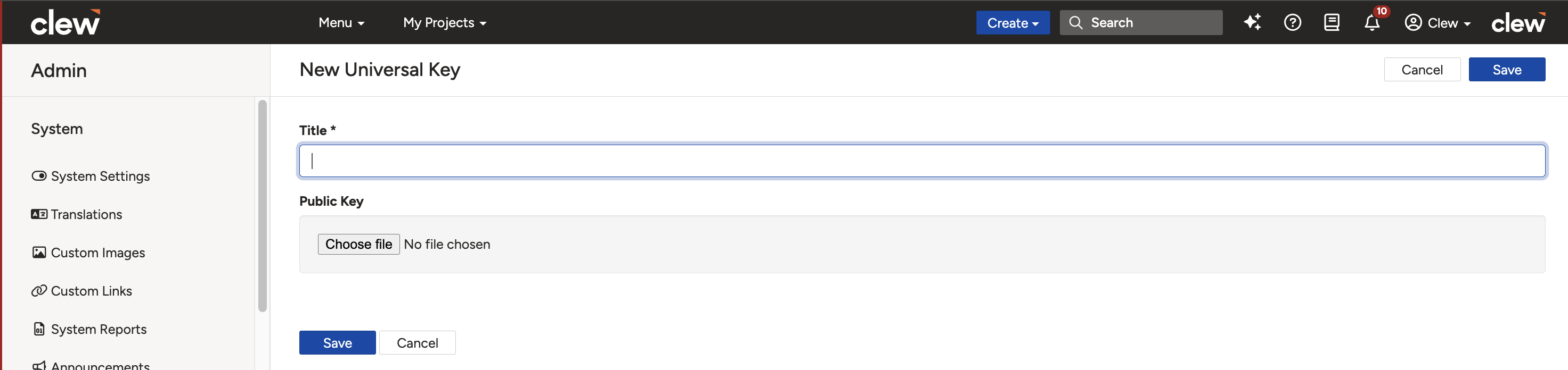Adding a universal key in Clew by entering a title and uploading the .pem key file.