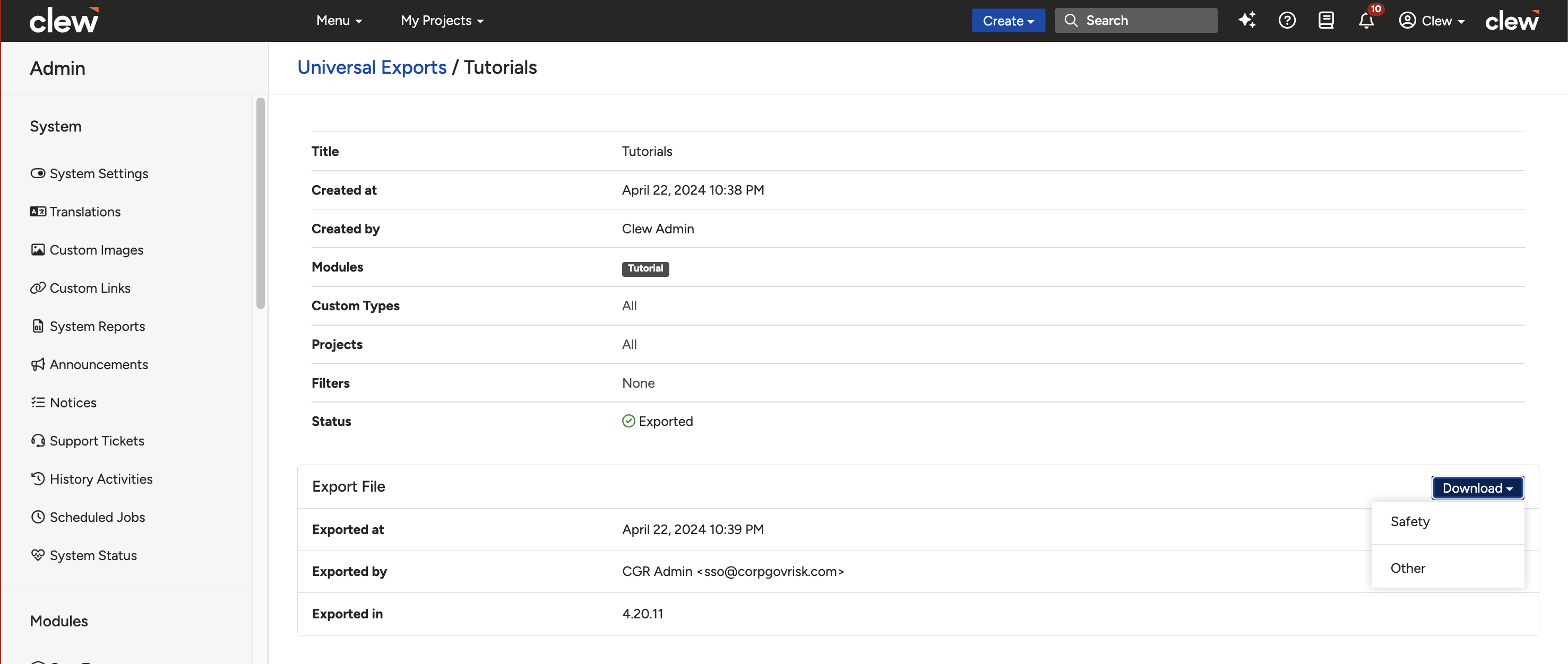 The Universal Exports page in Clew, showing the key names available when downloading an export.