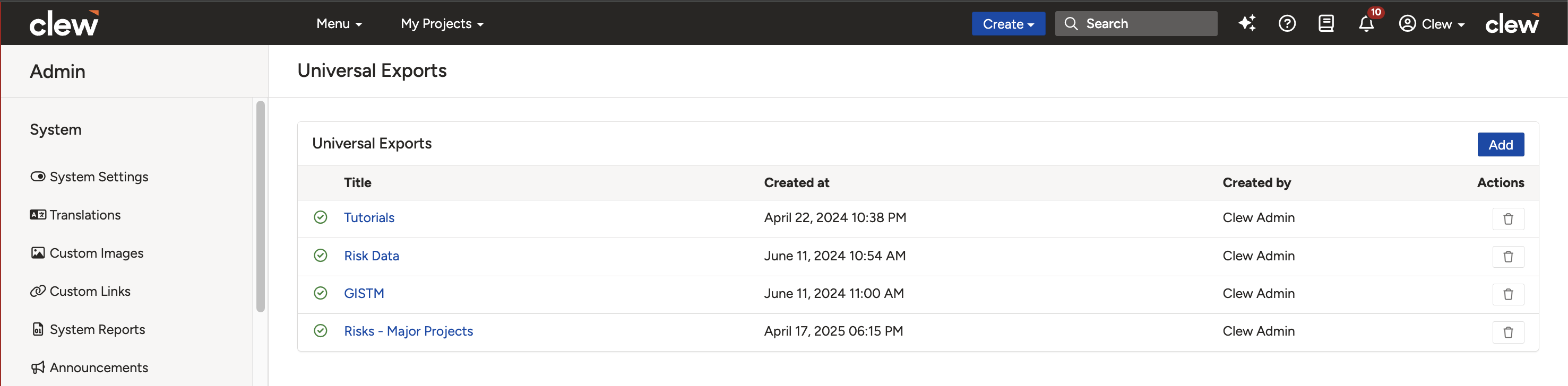 The Add export button on the Universal Exports page in Clew.