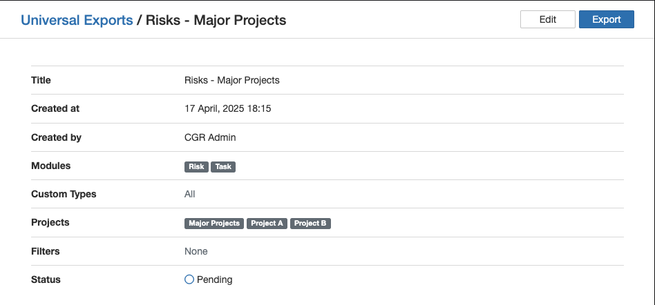 The export details in Clew after saving, showing the export with a pending status.