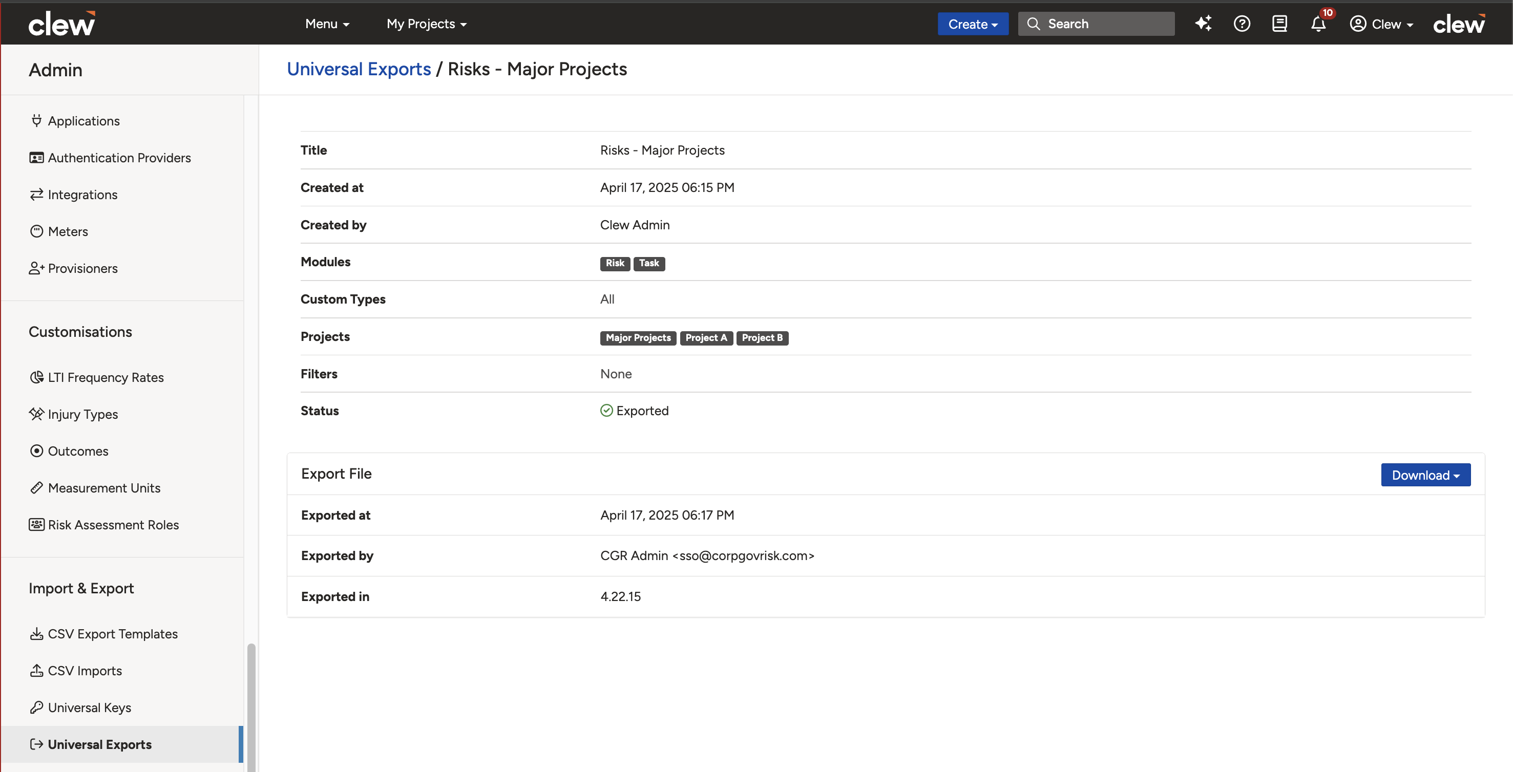 An export in Clew with the status Exported, ready to be downloaded with key encryption.
