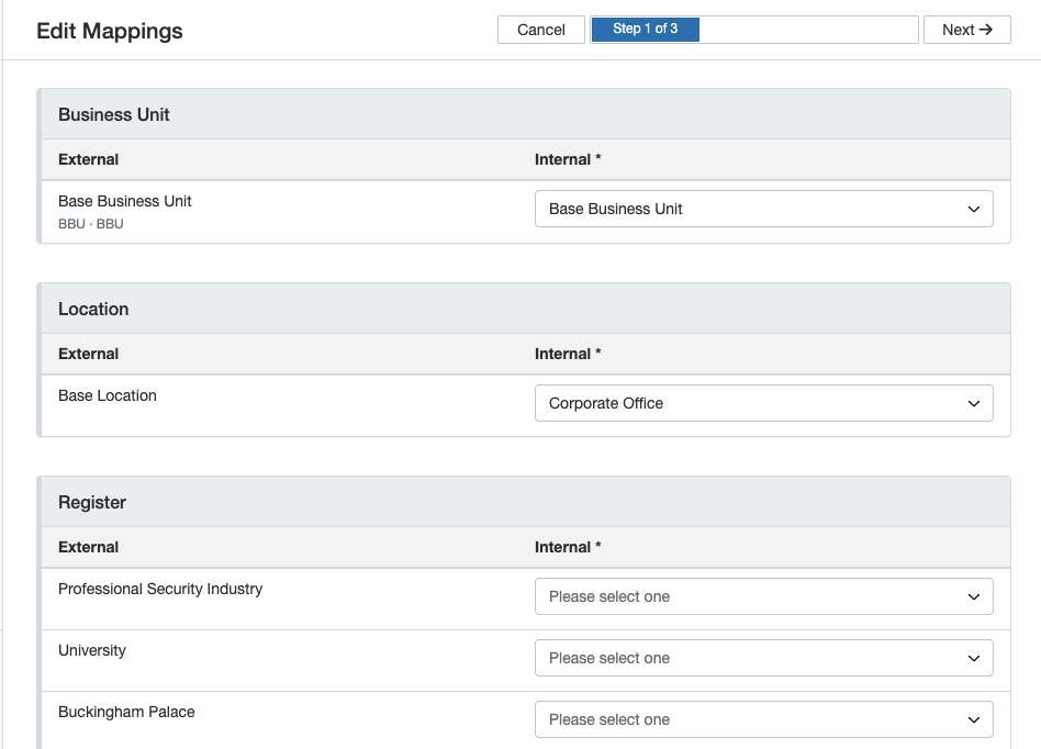 The import field mapping page in Clew, matching exported fields to the receiving instance's fields.