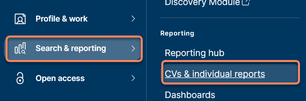 Screenshot of UCPMS showing the open Menu on "Search & Reporting" with "CVs & individual reports" highlighted