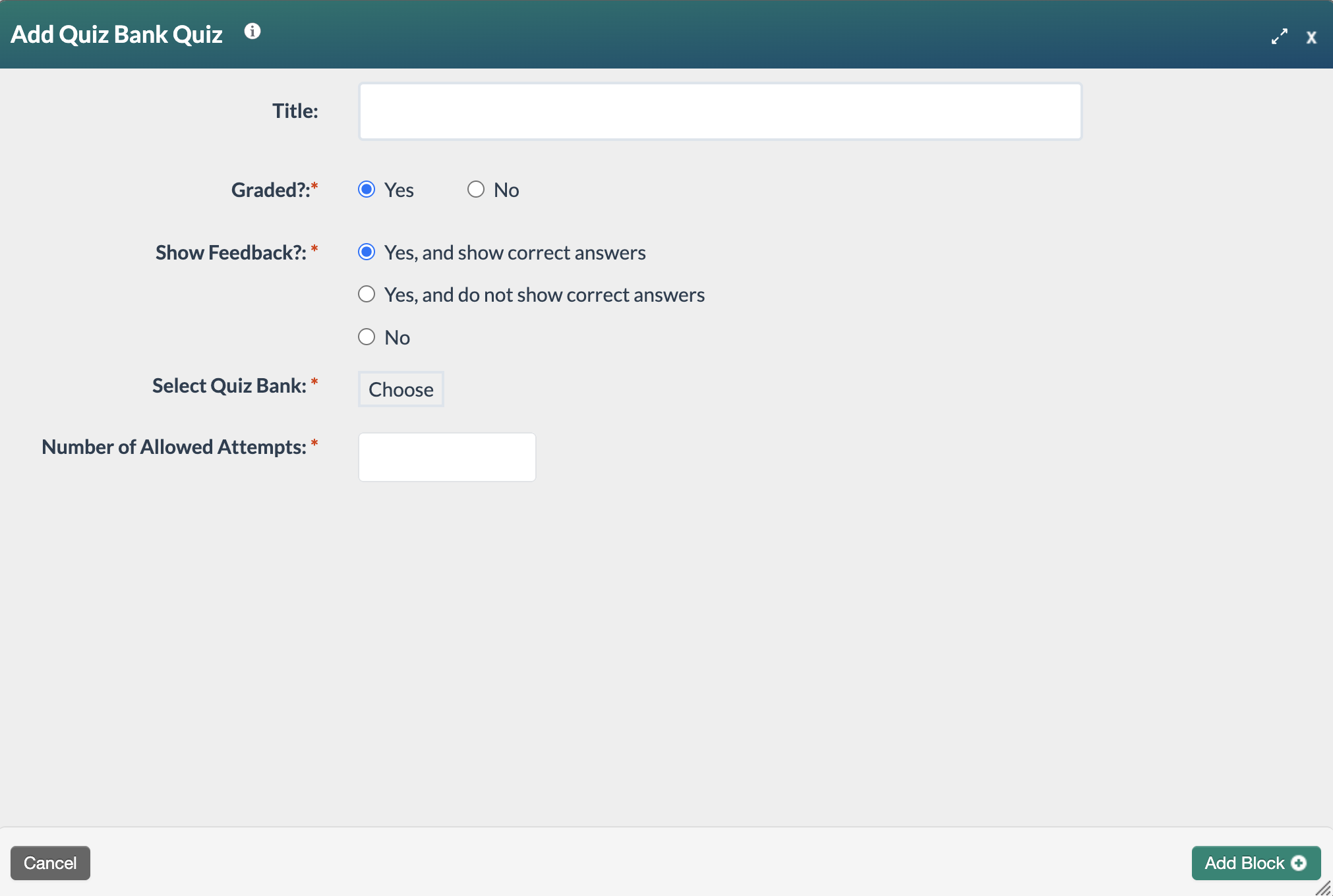 Quiz Bank Quiz modal showing basic settings.