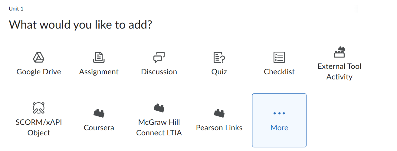 When Add Existing is selected from Content, a visual menu appears. Each item is a different tool that can be used in this space. The last item is labeled with three horizontal dots and reads "More."
