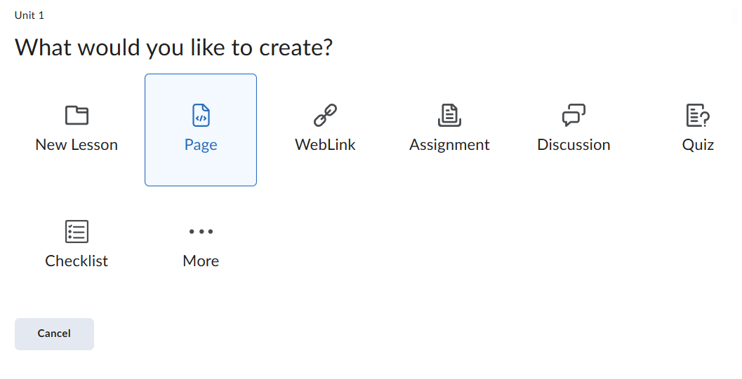 Selecting "Create New" from the previous screen shows the available objects that can be created in D2L. This visual menu includes tiles for New Lesson (folder), Page (selected in the screenshot), WebLink, Assignment, and more. 