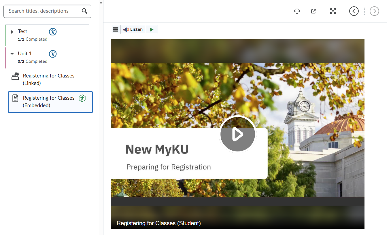 When a Mediasite video is embedded in a page, students will see the player in D2L's content browser. The play button in the middle of the screen is the only visible control before the video starts. 