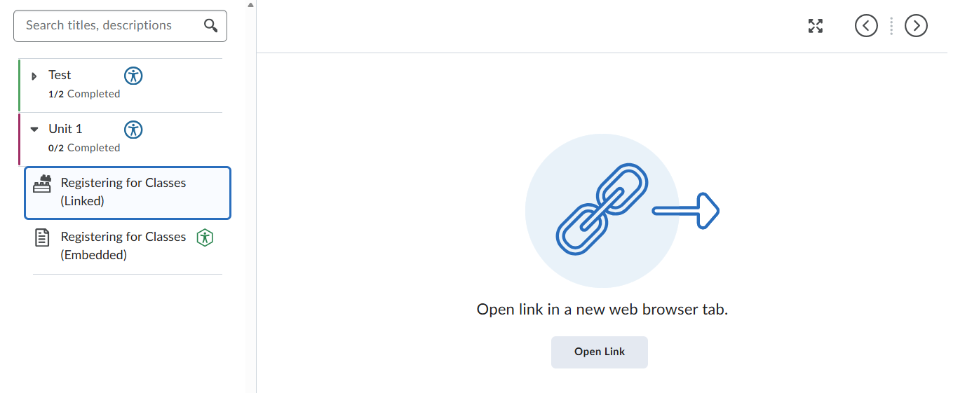 When Mediasite videos are linked, students do not see a player in D2L. Instead, they are instructed to "Open link in a new web browser tab." This appears in the center of the screen and is accompanied by a chain icon, indicating an outbound link. 