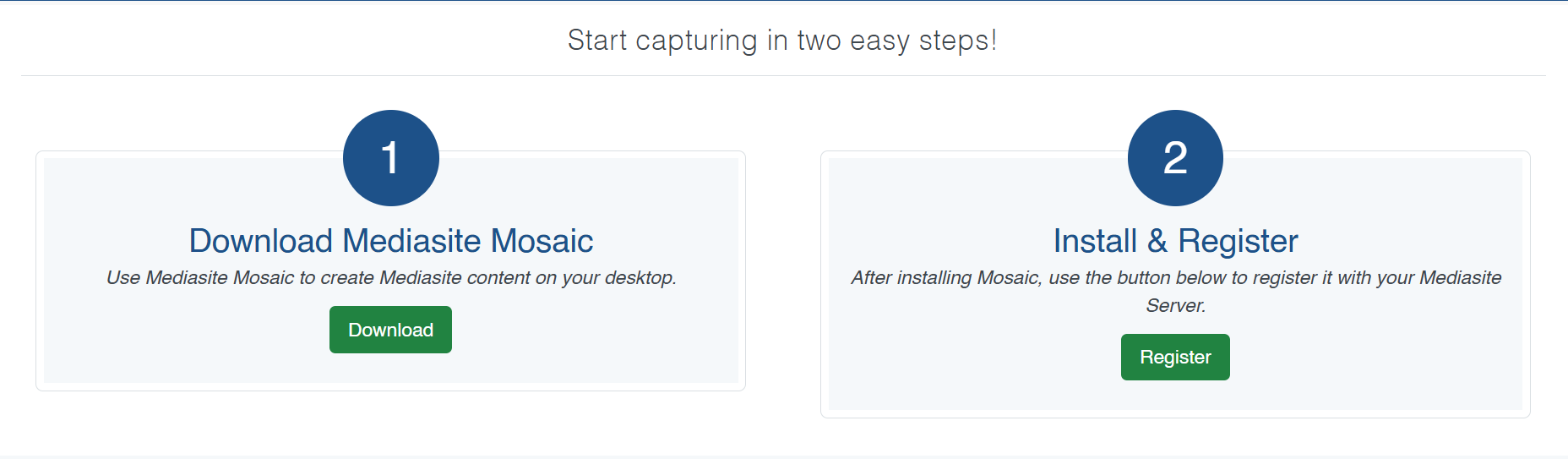 The Mediasite Mosaic download page has options to download Mediasite Mosaic (left) or connect the installed app to an online Mediasite account (Register).