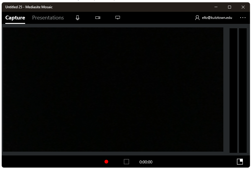 The top ribbon of Mediasite Mosaic allows users to switch between Capture and Presentation mode. Capture mode includes controls (left to right) to change microphone input, camera input, and shared screens.