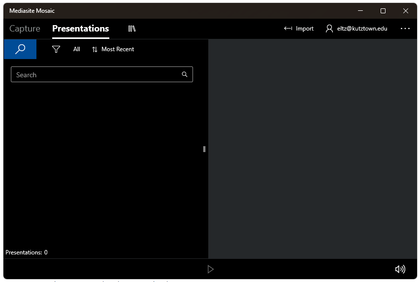 Once recorded via the app, presentations will be available in the Presentations browser. Presentations can be sorted by date or name or filtered. A play button for presentations can be found at the bottom of the screen.