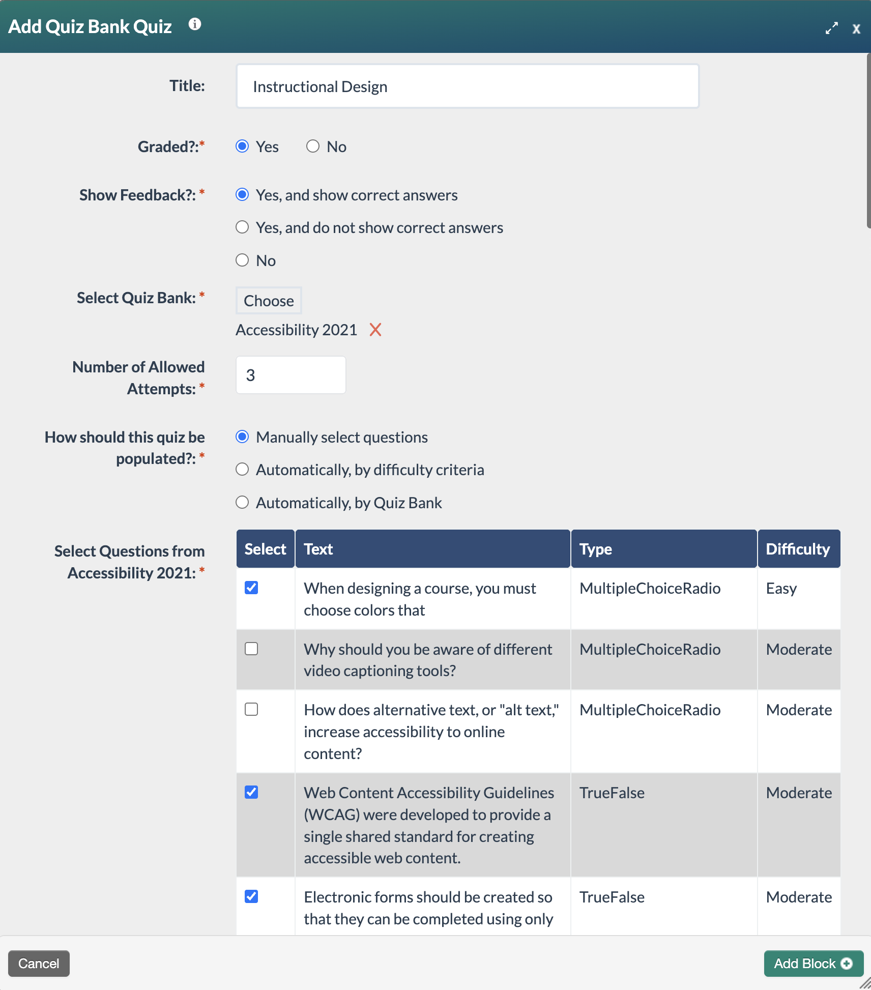 Quiz bank editing modal with user manually selecting questions to use.