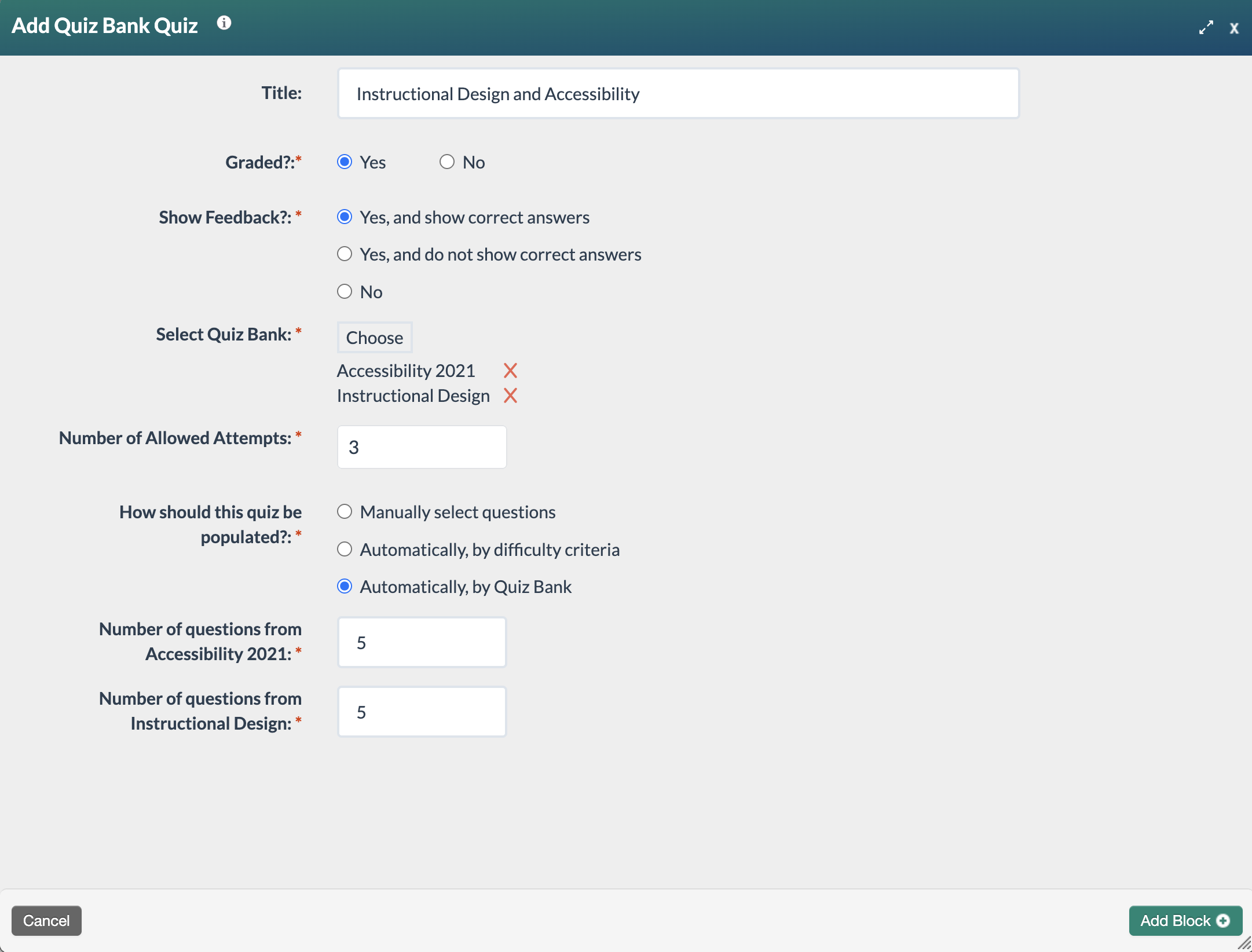 Quiz bank editing modal with user selecting the number of questions to use per quiz bank