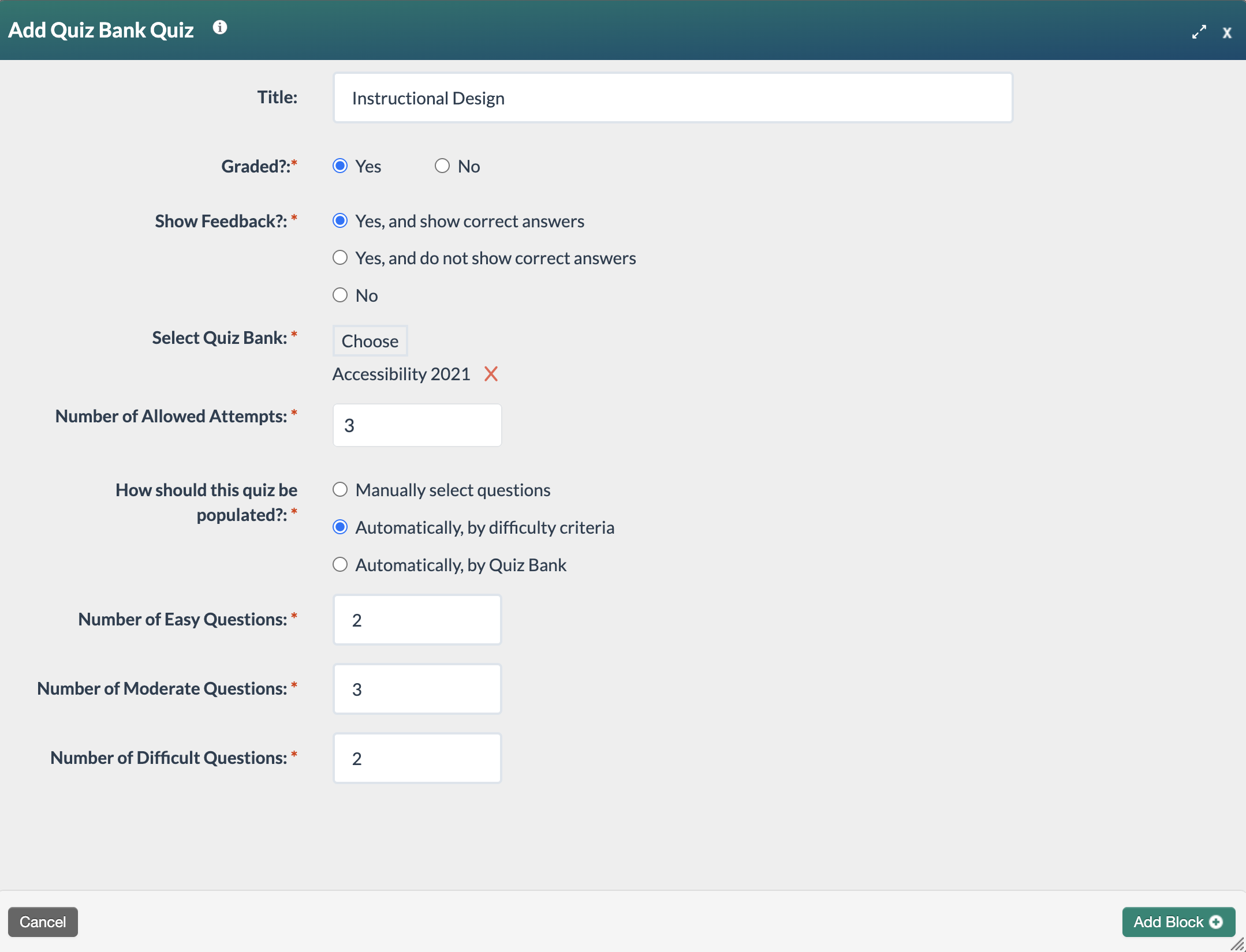 Quiz bank editing modal with user selecting the number of questions to use based on difficulty.