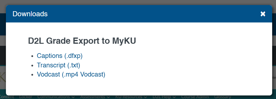 The download options for a video on Mediasite. The list includes captions in dfxp format, a transcript in txt format, and a vodcast in mp4 format.
