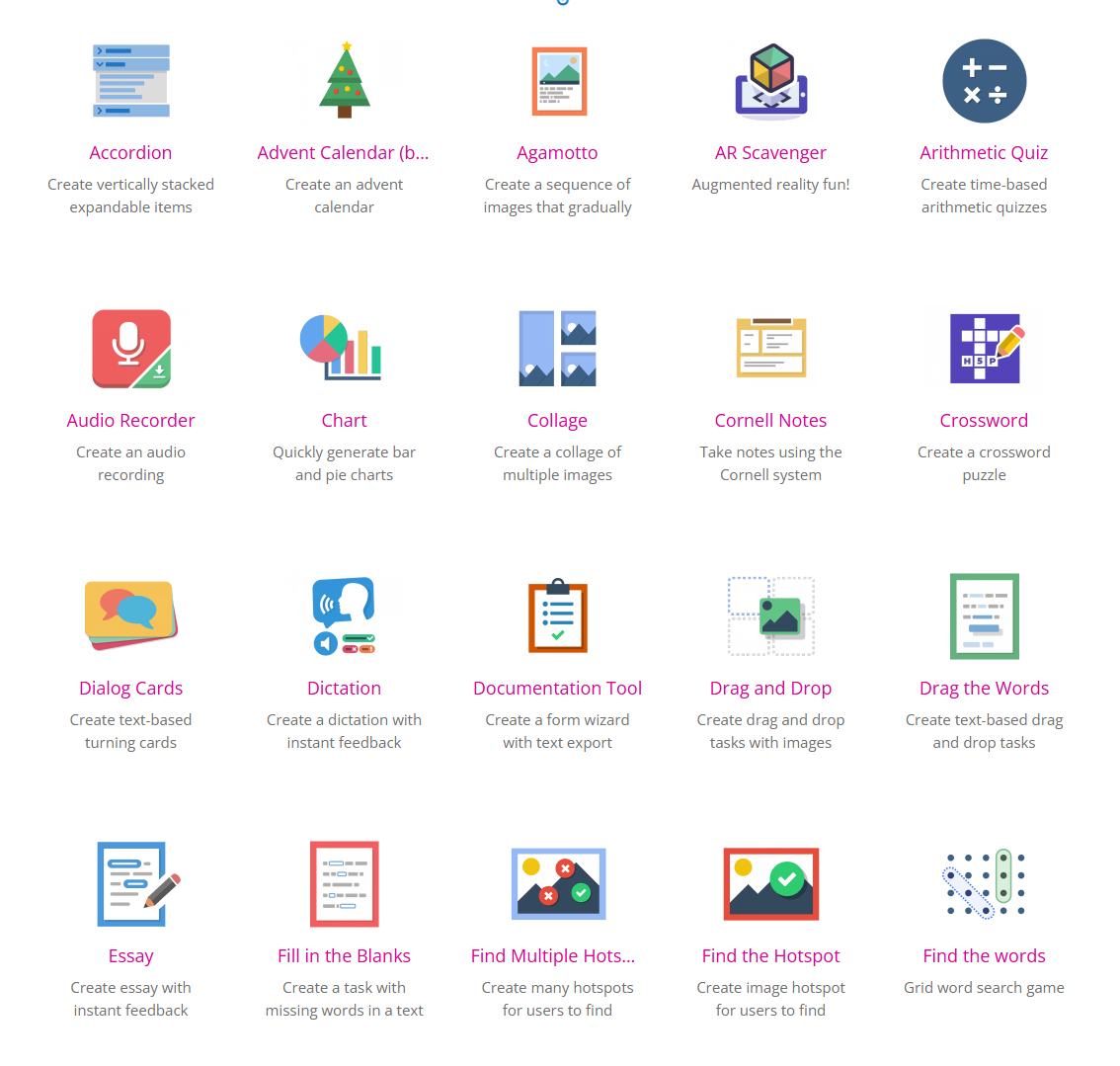 This graphic from H5P.org details some of the available interactives included in Creator+ with H5P. A grid of icons with labels show accordions, collages, crosswords, drag and drop activities, and find the hotspot visual activities, among others.