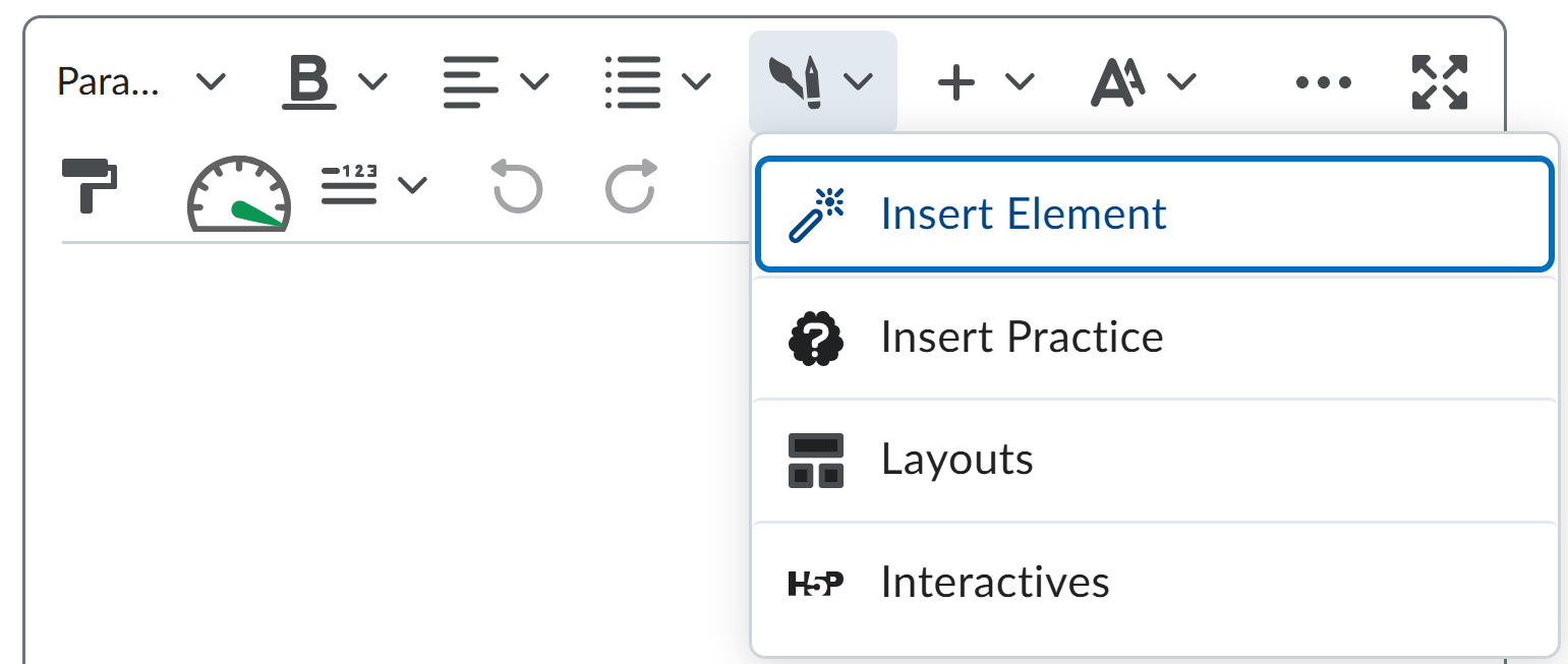 The Creator+ icon in the D2L HTML editor. The icon is a pencil positioned over an angled paintbrush. The open menu contains items for Insert Element, Insert Practice, Layouts, and H5P Interactives.